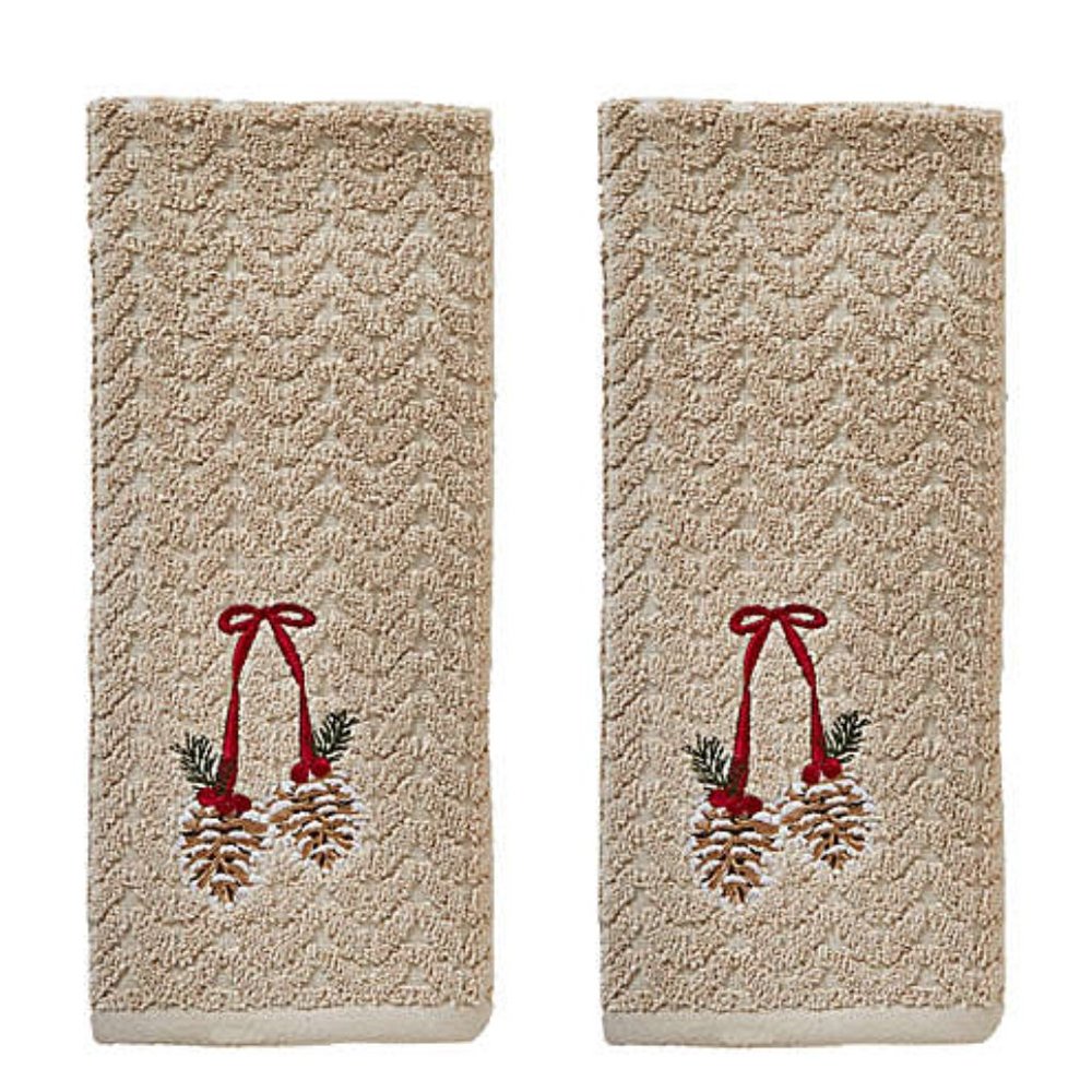 🎄NWT Set/2 Winter Wonderland Christmas Hand Towels Embroidered Winter Pinecones